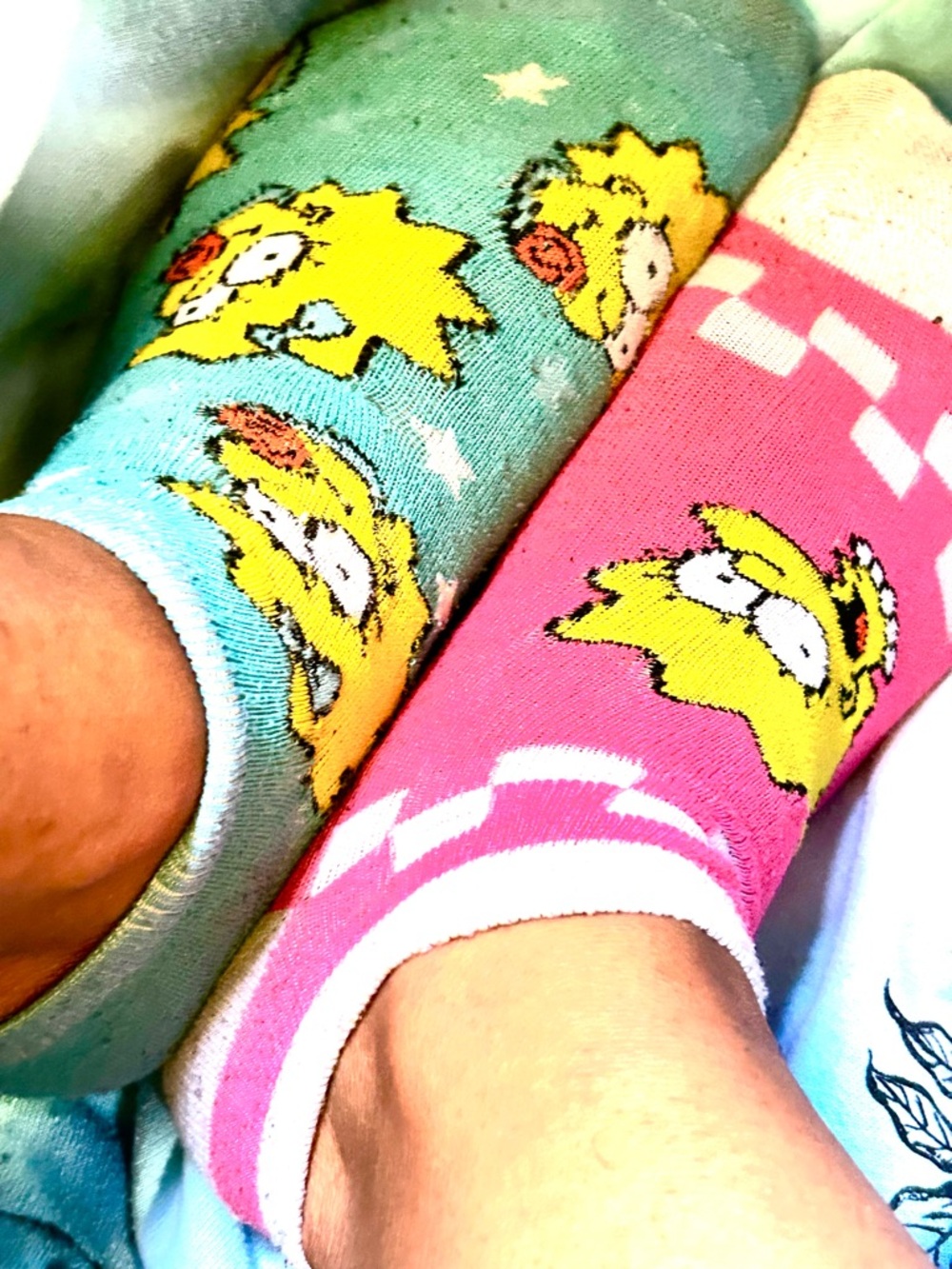 Simpson Mismatched Crew Socks - Pink & Teal Cartoon Set - Picture 3 of 8